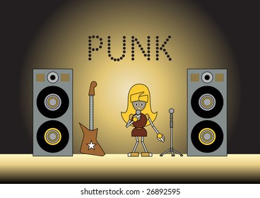 Vector illustration of the robot girl on the stage holding the microphone and singing.