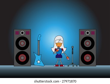Vector illustration of the robot girl on the stage holding the microphone and singing.
