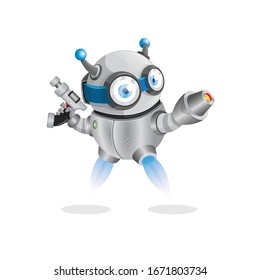 Ilustración vectorial de Robot con pistola y haz Turbo Power en fondo blanco