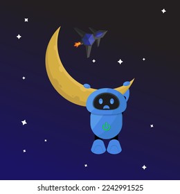ilustración vectorial de un robot colgado en la luna.