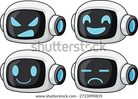 Vector illustration of robot heads with happy, sad, angry, and neutral facial expressions