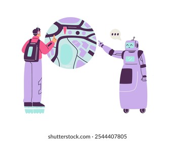 Vector Illustration of robot helping male character with backpack and headphones to find the way. Smart city of the future. Progress concept. Flat cartoon style on isolated background.