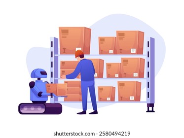 Vector illustration of a robot helping a worker in a hard hat to put boxes on a shelf. Modern technologies of production and logistics. Flat cartoon style. Isolated background.