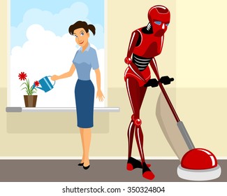 Vector illustration of a robot helps girl