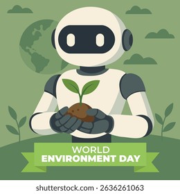 Vector illustration of a robot holding a growing seedling for World Environment Day.