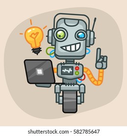 Vector Illustration, Robot Holding Laptop and Came Up Idea, Format EPS 10