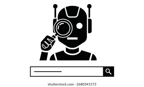Ilustração vetorial de um robô segurando uma lupa, representando pesquisa, análise de dados, inteligência artificial e investigação tecnológica na web.