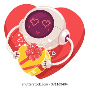 Vector illustration of robot holding yellow gift box on white background with red heart. Art design for Valentine's Day greetings and card, web, banner, poster, flyer, brochure, print.  