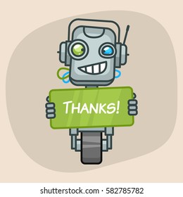 Vector Illustration, Robot Holds Sign Thanks, Format EPS 10