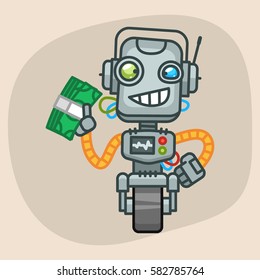Vector Illustration, Robot Holds Wad of Money, Format EPS 10
