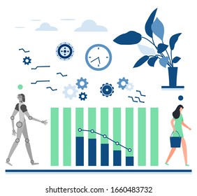 Vector illustration Robot, human comparison of performance, competition, stamina. Choice virtual assistance or people. Performance Chart. Artificial Intelligence concept Design for website, app, print