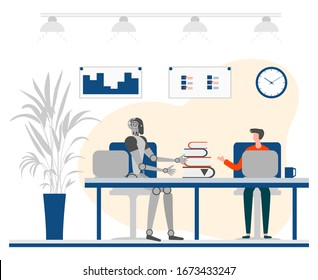 Vector illustration Robot, human teamwork. Partnership with robot. Artificial Intelligence. People, AI interaction concept. Robot, human working at office, business partners Design for web, app, print
