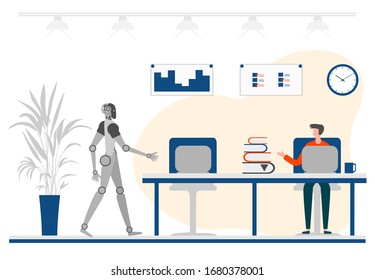 Vector Illustration Robot, Human Teamwork. Partnership With Robot. Artificial Intelligence. People, AI Interaction Concept. Robot, Human Working At Office, Business Partners Design For Web, App, Print