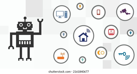 vector illustration of robot and internet connected devices for internet of things modern building
