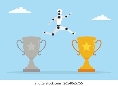 Ilustração vetorial de um robô pulando de um troféu sem brilho para um brilhante, retratando a evolução da IA desde começos modestos até conquistas celebradas e um sucesso notável

