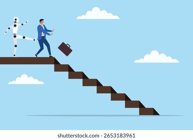 Ilustração vetorial de um robô chutando um empresário das escadas, simbolizando o impacto disruptivo da IA em trajetórias de carreira tradicionais e na dinâmica em evolução entre humanos e tecnologia
