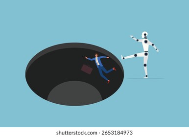 Ilustração vetorial de um robô chutando um empresário em um buraco, simbolizando o impacto disruptivo de um robô em funções de negócios tradicionais e na dinâmica de mudança de poder no local de trabalho
