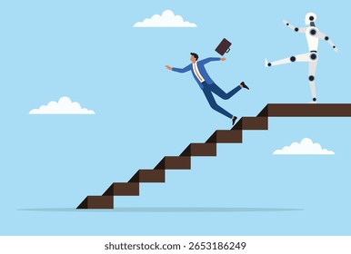 Ilustração vetorial de um robô chutando um empresário das escadas, simbolizando o impacto disruptivo da IA em trajetórias de carreira tradicionais e na dinâmica em evolução entre humanos e tecnologia
