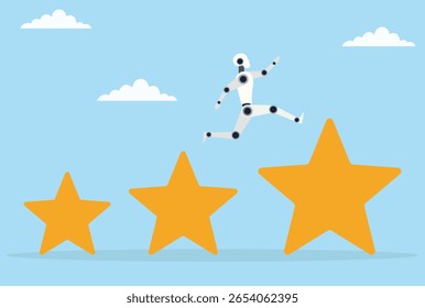 Ilustração vetorial de um robô saltando de um ícone de estrela pequena para um grande, simbolizando o crescimento da IA desde começos modestos até o sucesso brilhante e maior impacto
