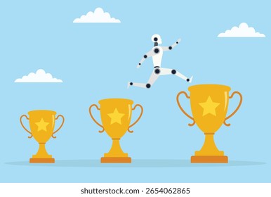 Vector illustration of a robot leaping from a small trophy to a large one, representing AI’s journey of growth, achievement, and reaching new heights of success
