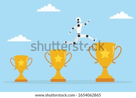 Vector illustration of a robot leaping from a small trophy to a large one, representing AI’s journey of growth, achievement, and reaching new heights of success
