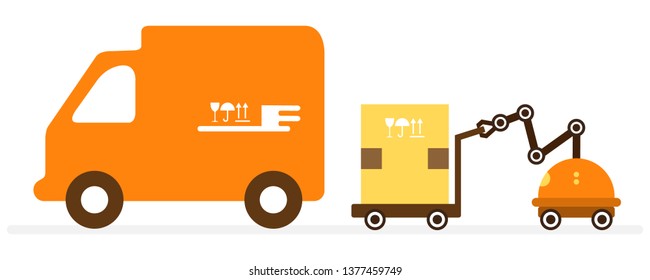 Vector illustration with robot loader loads boxes into a truck. Automation warehouse processes. Smart Logistic. Robotic worker. Cargo Delivery. New technologies.