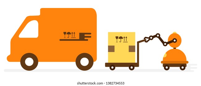 Vector illustration with robot loader loads boxes into a truck. Automation warehouse processes. Smart Logistic. Robotic worker. Cargo Delivery. New technologies.