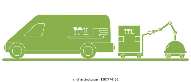 Vector illustration with robot loader loads boxes into a car. Automation warehouse processes. Smart Logistic. Robotic worker. Cargo Delivery. New technologies.