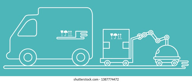 Vector illustration with robot loader loads boxes into a truck. Automation warehouse processes. Smart Logistic. Robotic worker. Cargo Delivery. New technologies.