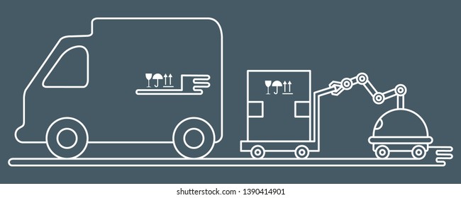 Vector illustration with robot loader loads boxes into a truck. Automation warehouse processes. Smart Logistic. Robotic worker. Cargo Delivery. New technologies.