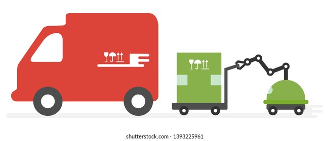 Vector illustration with robot loader loads boxes into a truck. Automation warehouse processes. Smart Logistic. Robotic worker. Cargo Delivery. New technologies.