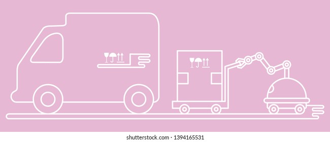 Vector illustration with robot loader loads boxes into a truck. Automation warehouse processes. Smart Logistic. Robotic worker. Cargo Delivery. New technologies.