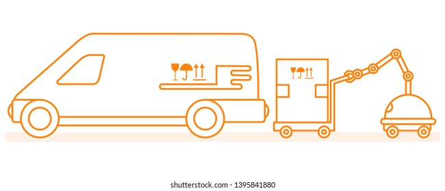 Vector illustration with robot loader loads boxes into a car. Automation warehouse processes. Smart Logistic. Robotic worker. Cargo Delivery. New technologies.