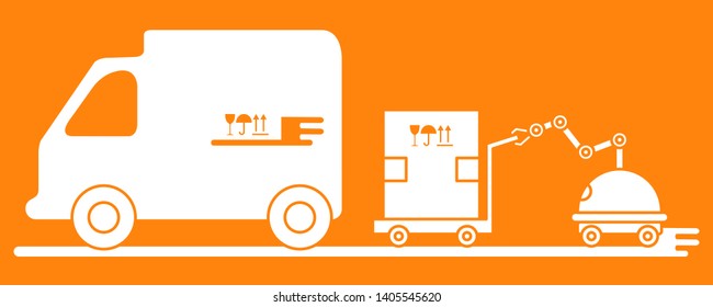 Vector illustration with robot loader loads boxes into a truck. Automation warehouse processes. Smart Logistic. Robotic worker. Cargo Delivery. New technologies.