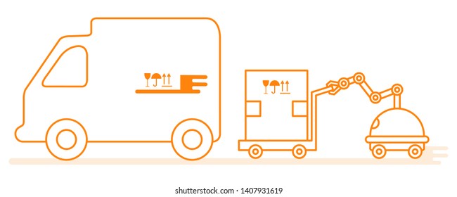 Vector illustration with robot loader loads boxes into a truck. Automation warehouse processes. Smart Logistic. Robotic worker. Cargo Delivery. New technologies.