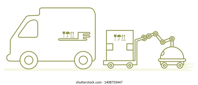 Vector illustration with robot loader loads boxes into a truck. Automation warehouse processes. Smart Logistic. Robotic worker. Cargo Delivery. New technologies.