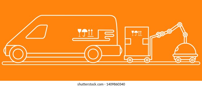 Vector illustration with robot loader loads boxes into a car. Automation warehouse processes. Smart Logistic. Robotic worker. Cargo Delivery. New technologies.