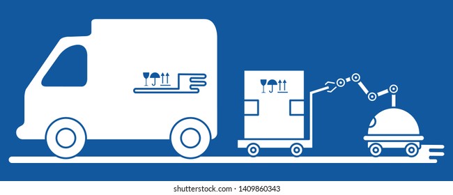 Vector illustration with robot loader loads boxes into a truck. Automation warehouse processes. Smart Logistic. Robotic worker. Cargo Delivery. New technologies.