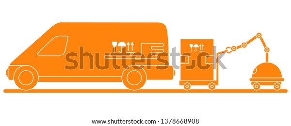 Vector illustration with\
robot loader loads boxes into a car. Automation warehouse\
processes. Smart Logistic. Robotic worker. Cargo Delivery. New\
technologies.