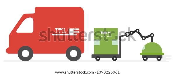 Vector illustration with
robot loader loads boxes into a truck. Automation warehouse
processes. Smart Logistic. Robotic worker. Cargo Delivery. New
technologies.