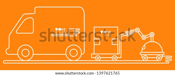 Vector illustration with\
robot loader loads boxes into a truck. Automation warehouse\
processes. Smart Logistic. Robotic worker. Cargo Delivery. New\
technologies.