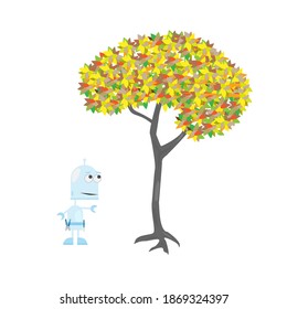 Vector illustration. Robot. The robot looks at the tree. Bright colorful color. Interaction of nature and technologies