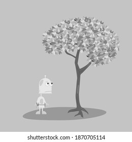 Vector illustration. Robot. The robot looks at the tree. Monochrome pattern. Interaction of nature and technologies