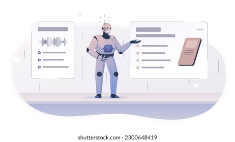 Ilustración vectorial de un robot haciendo una presentación mostrando algo en la pantalla. Reunión en la que un robot realiza entrenamiento. Convee la idea de la conciencia de las tecnologías modernas. 