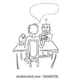 vector illustration with a robot and a man at the same table