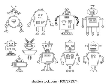 Vector illustration of a Robot. Mechanical character design. Set of four different robots. Coloring book page.