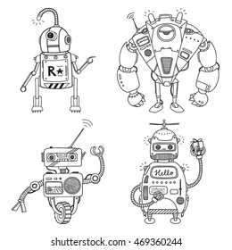 Vector illustration of a Robot. Mechanical character design. Set of four different robots. Coloring book page.
