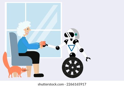 Vector illustration robot and old woman, home care, retired care, future tech for life, construction, intelligent system, robot technology. Development Ai. Smart solution. 