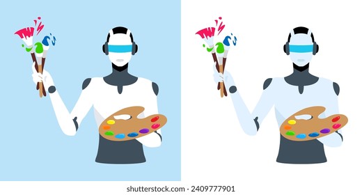 Vector illustration of a robot with a paintbrush and palette painting with artificial intelligence.