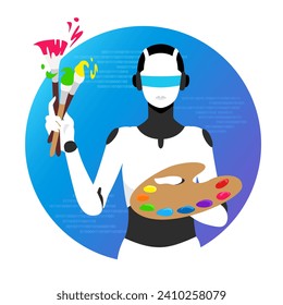 Vector illustration of a robot with a paintbrush and palette painting with artificial intelligence with round shape gradient background.